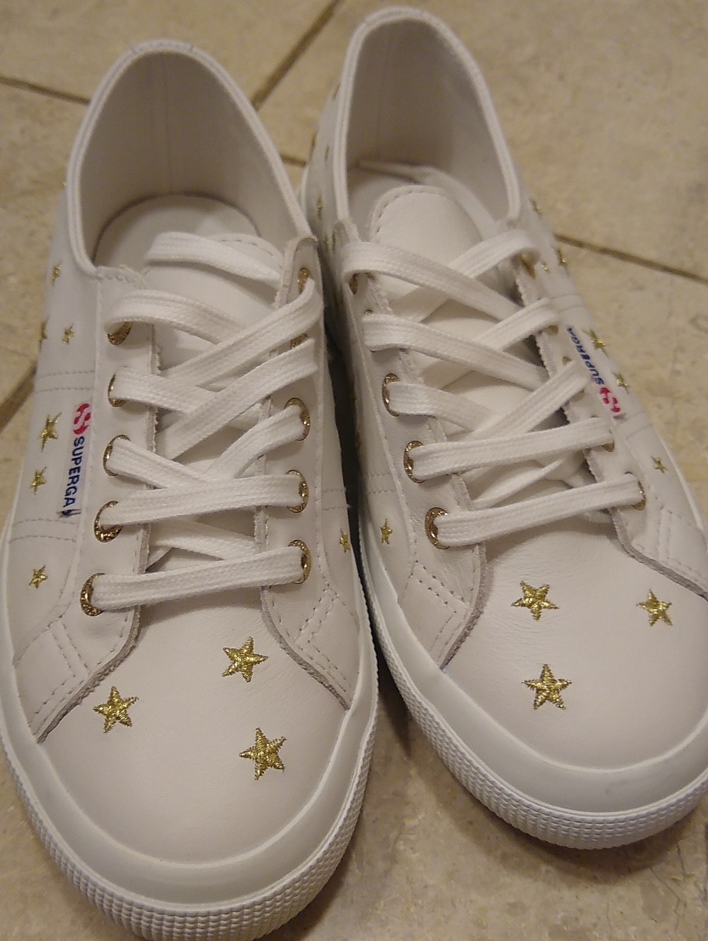 New, Superga Leather Sneakers with Gold Star Details